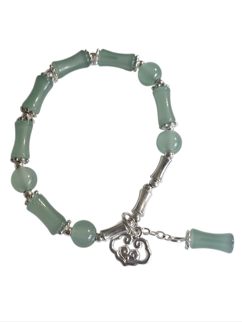 Mint Green Bamboo Bead Stretch Bracelet with Silver Tone Key Charm – NWOT